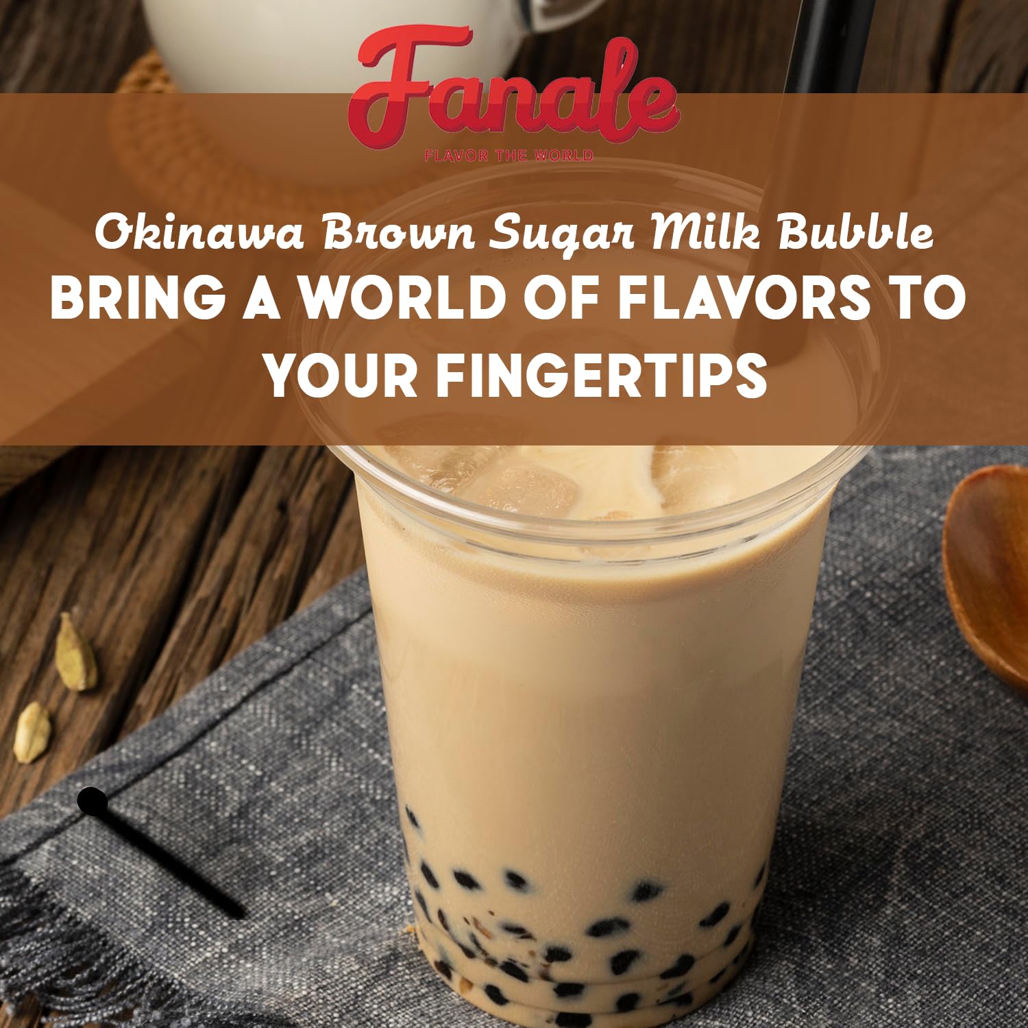 Cup of boba with Fanale powder and ingredients laid out for quick assembly