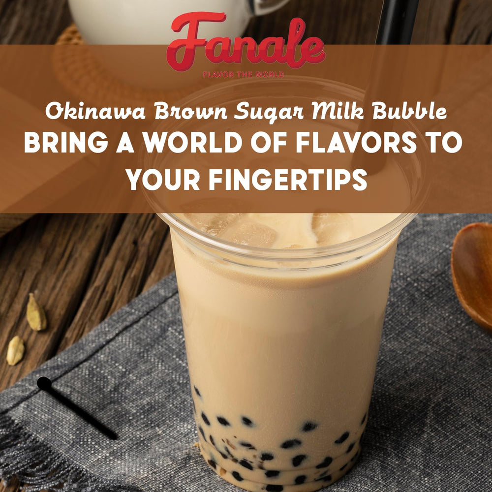 Cup of boba with Fanale powder and ingredients laid out for quick assembly