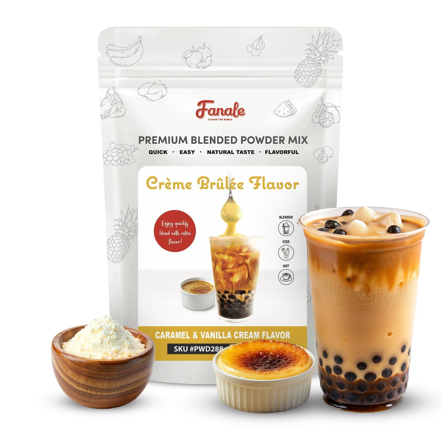 Fanale front pouch showing creme brulee flavor and resealable bag for freshness