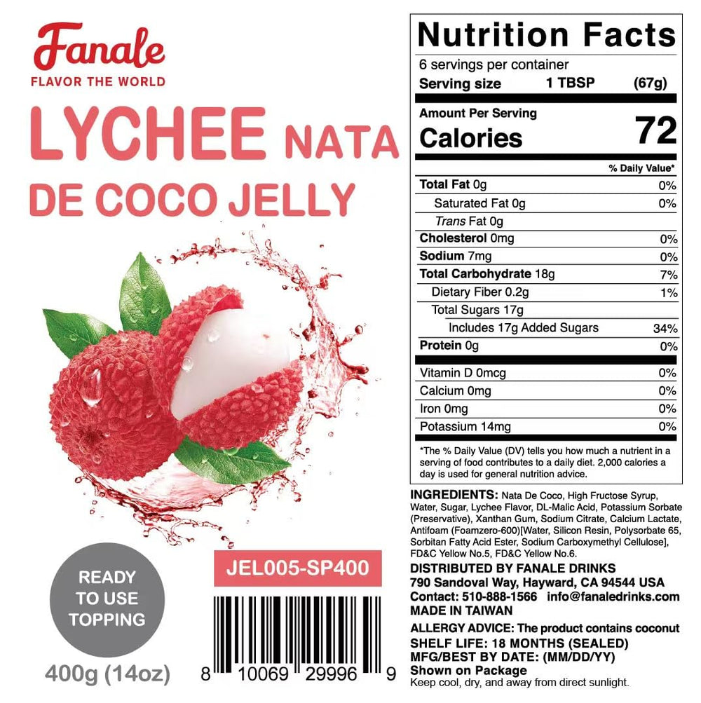 Fanale open jar with glossy nata de coco cubes, easy ready-to-use topping