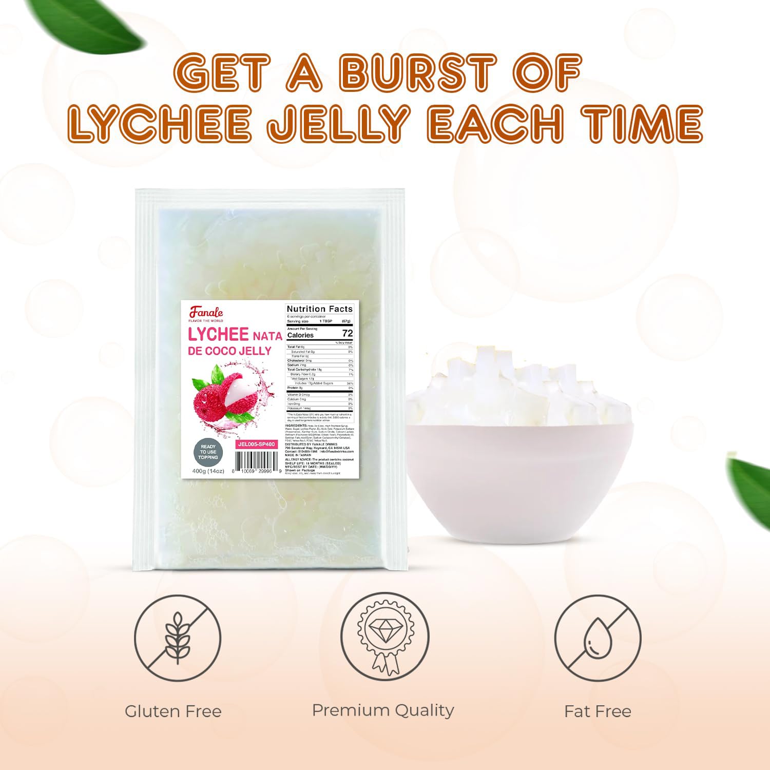 Fanale lychee jelly in a bubble tea cup, visual texture and fruity contrast