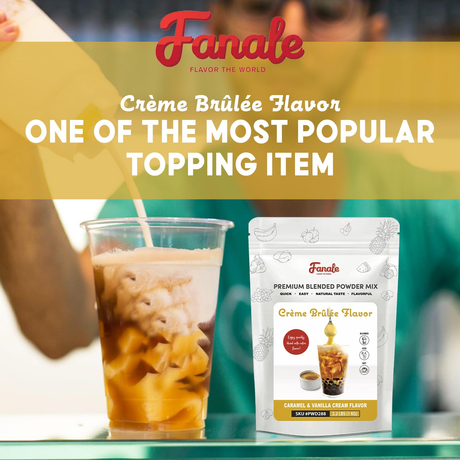 Fanale powder in kitchen countertop use showing fast prep for drinks and desserts