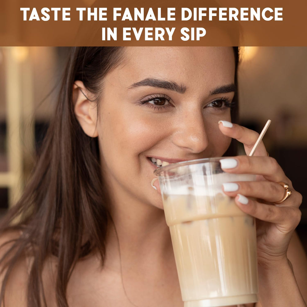 Kitchen countertop scene with Fanale pouch, glass of milk tea and dessert