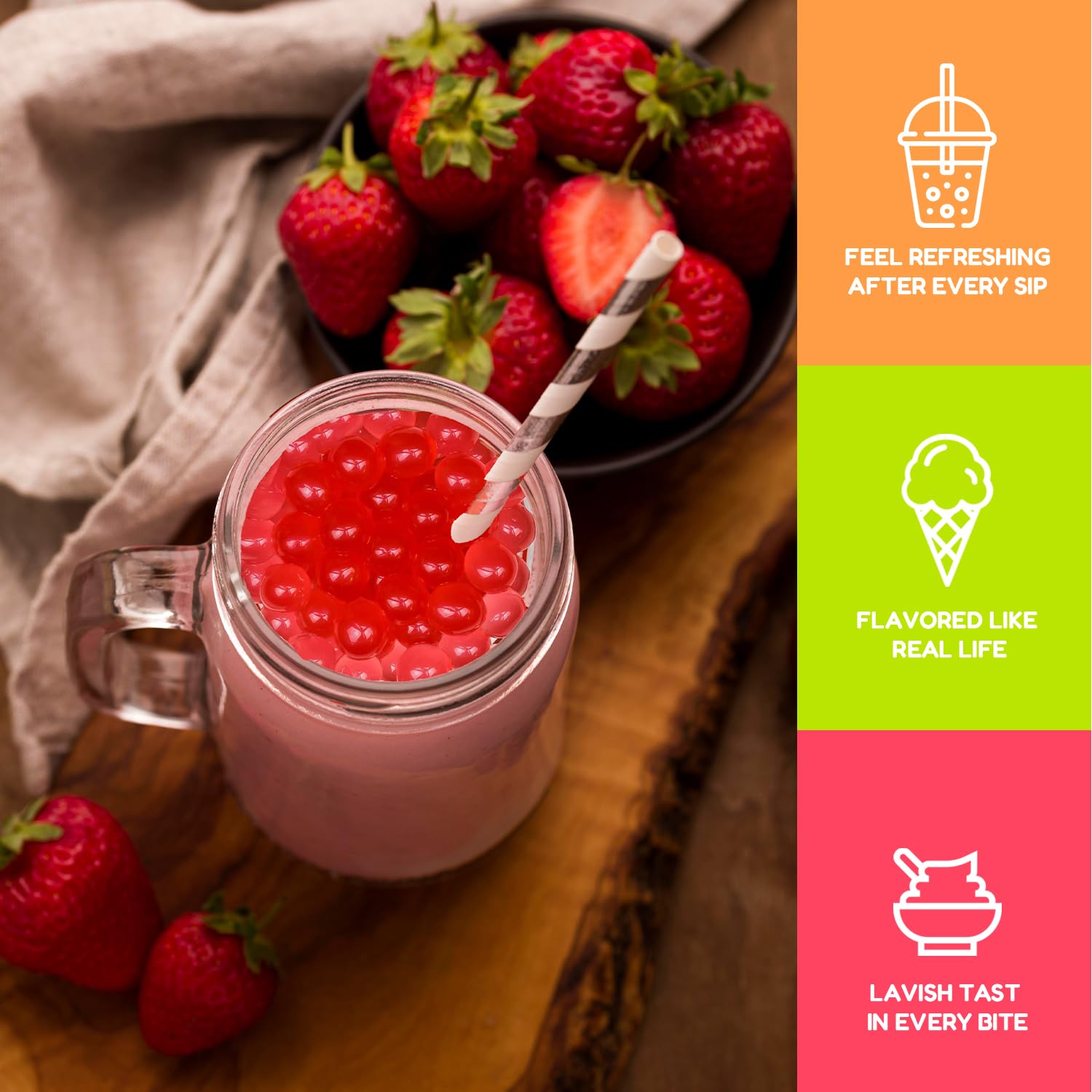 Fanale popping boba in a clear bubble tea cup enhancing flavor and color