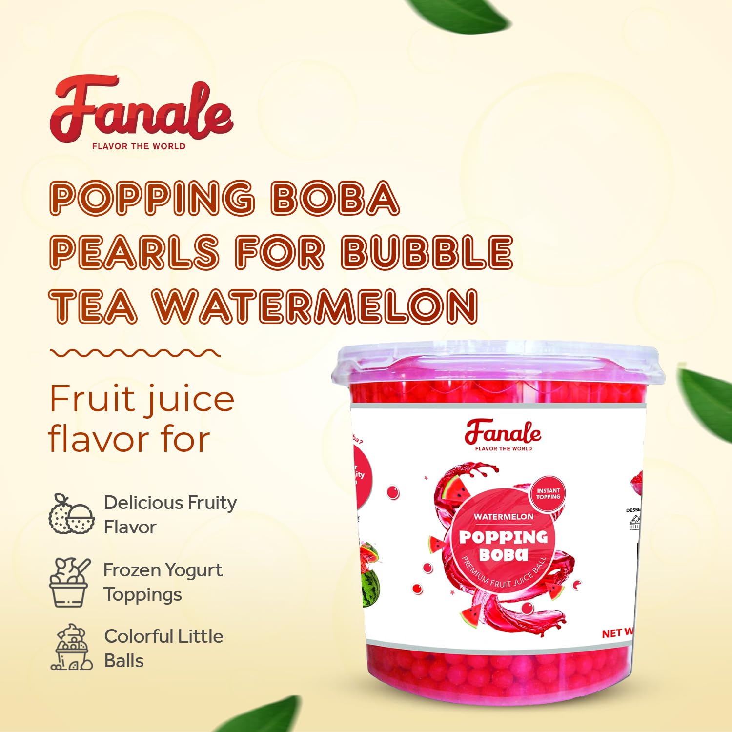 Fanale close-up of watermelon popping boba pearls highlighting juicy centers