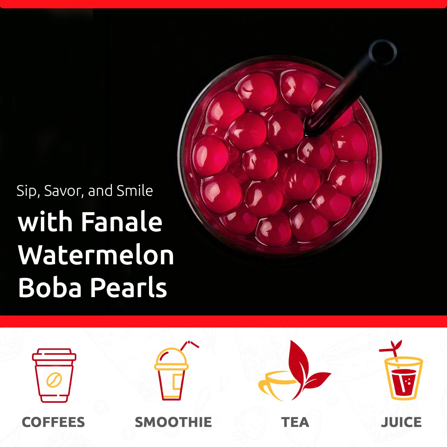 Fanale watermelon popping boba in bubble tea glass adding fruity bursts benefit