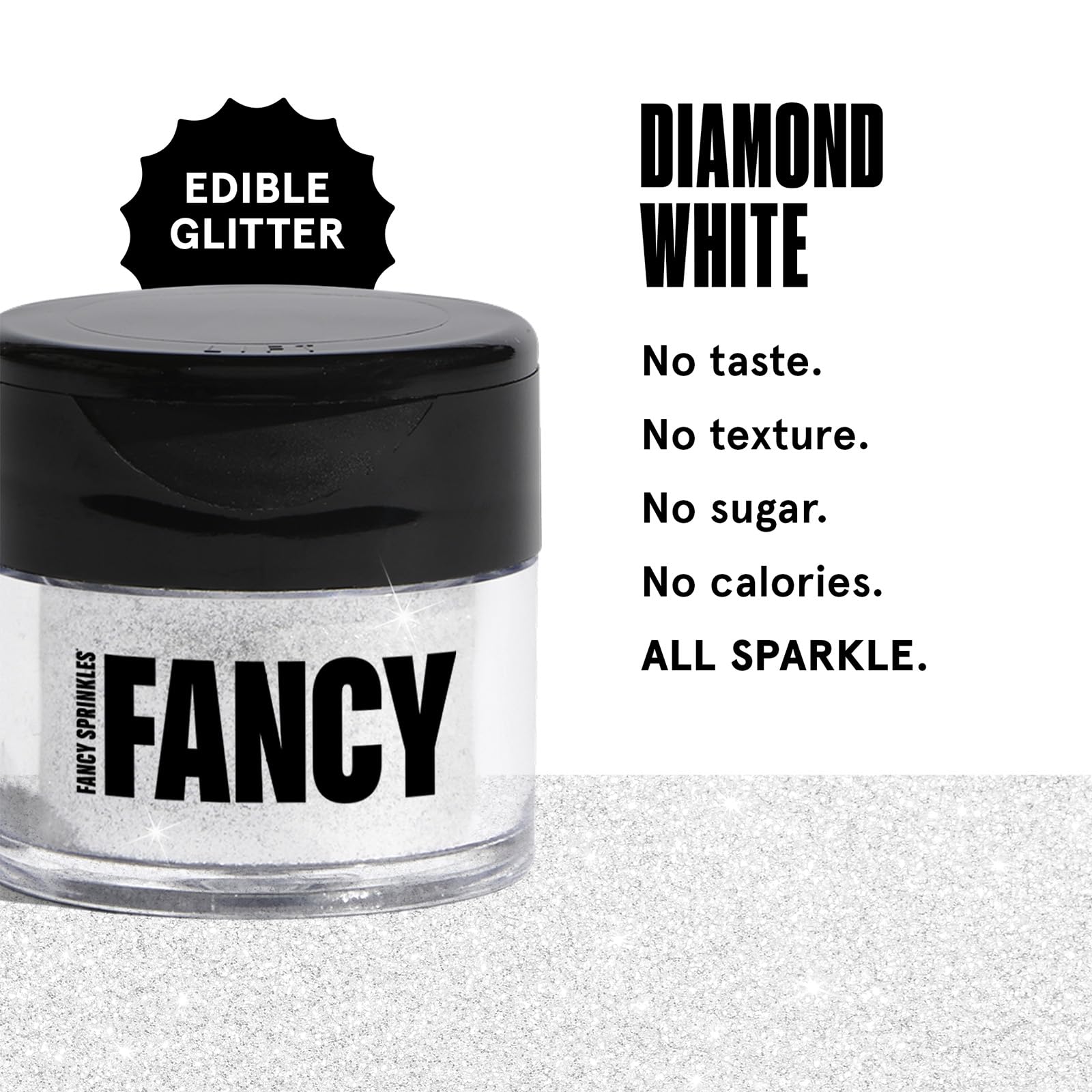 Fancy Sprinkles close-up of diamond white luster dust texture highlighting fine shimmer