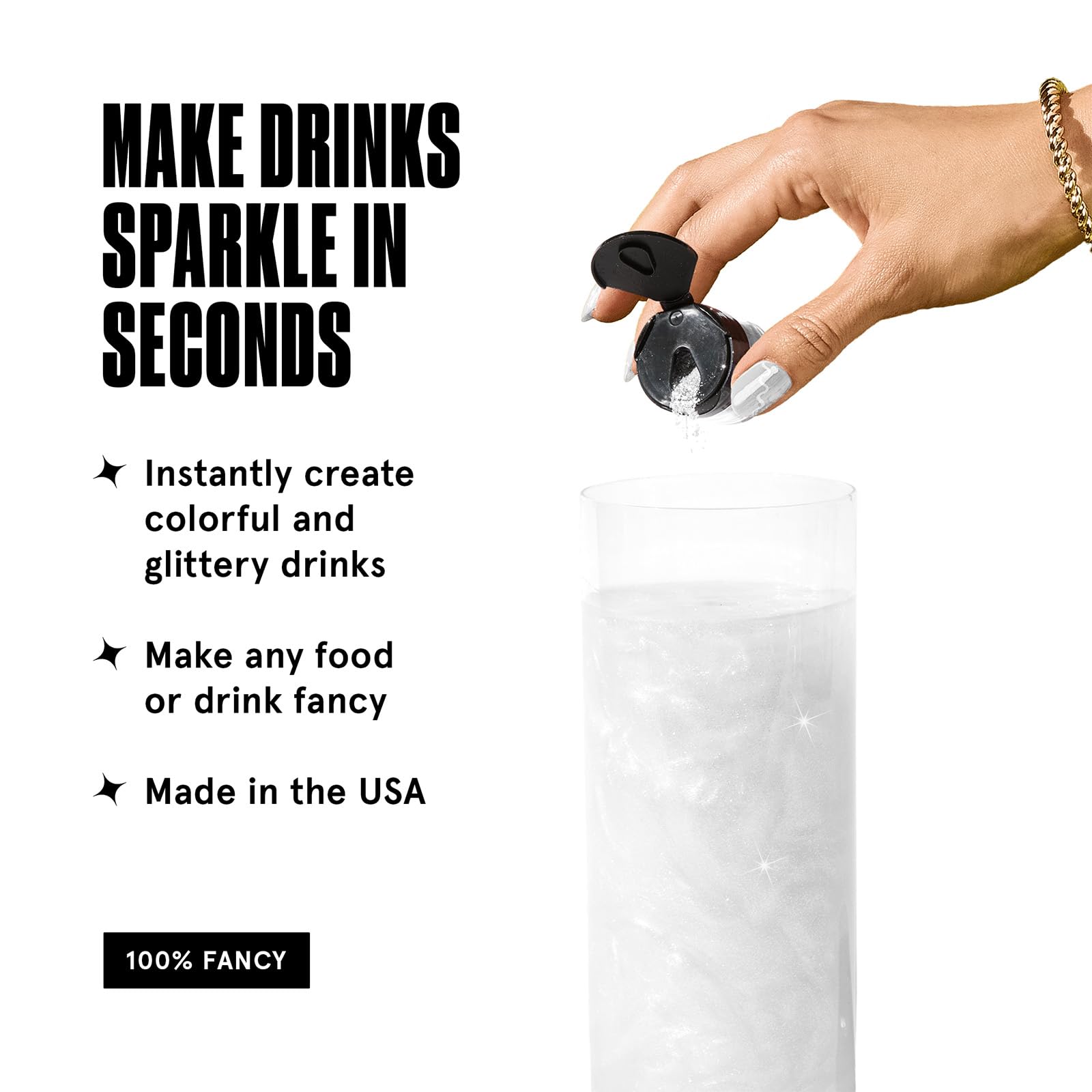 Fancy Sprinkles glitter swirling in cocktail glass creating eye-catching visual appeal