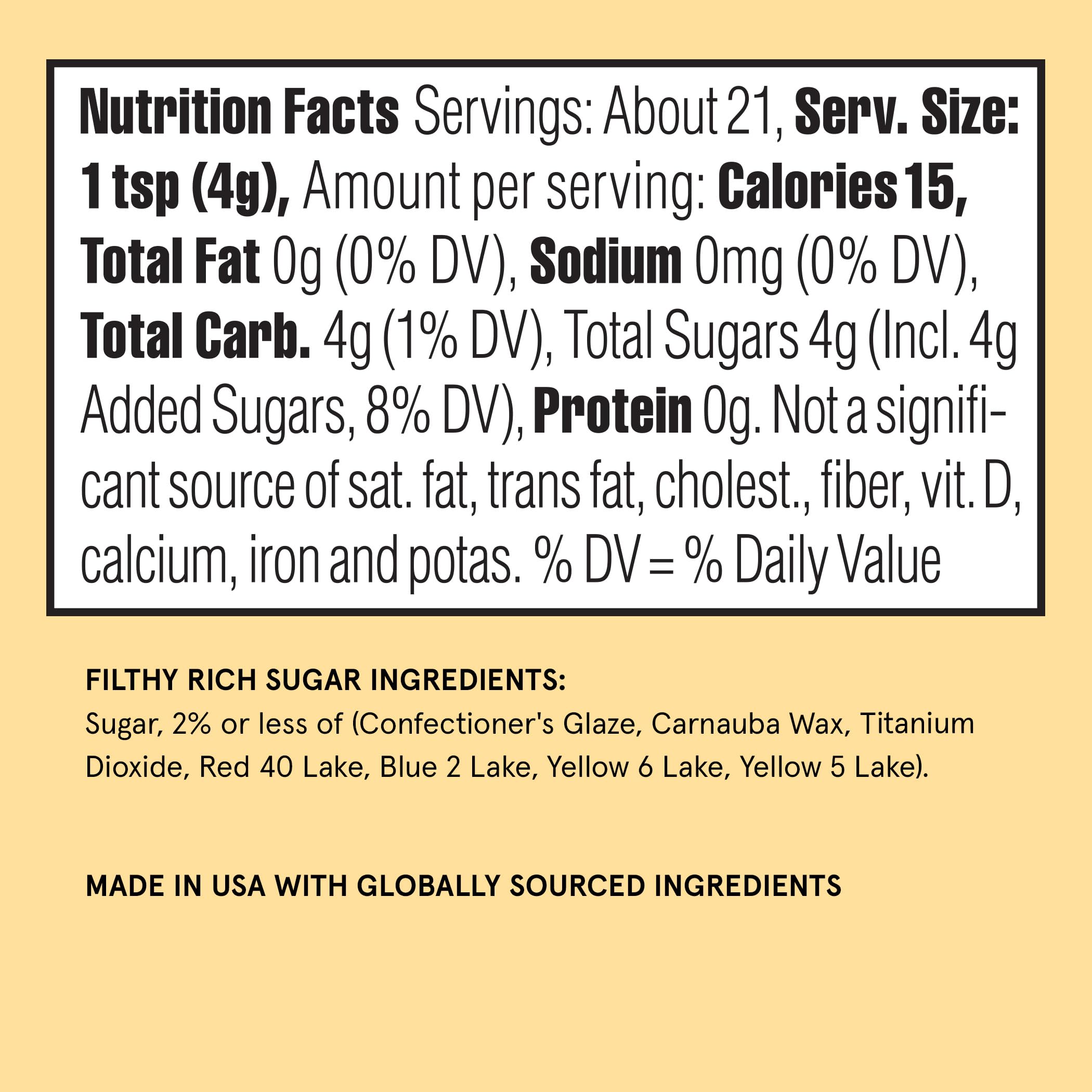 Fancy Sprinkles Filthy Rich label and ingredient list showing product details and safety