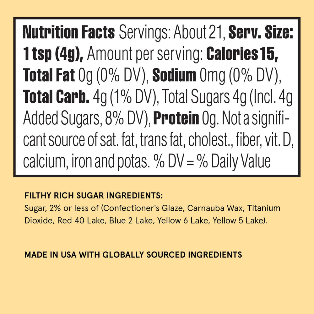 Fancy Sprinkles Filthy Rich label and ingredient list showing product details and safety