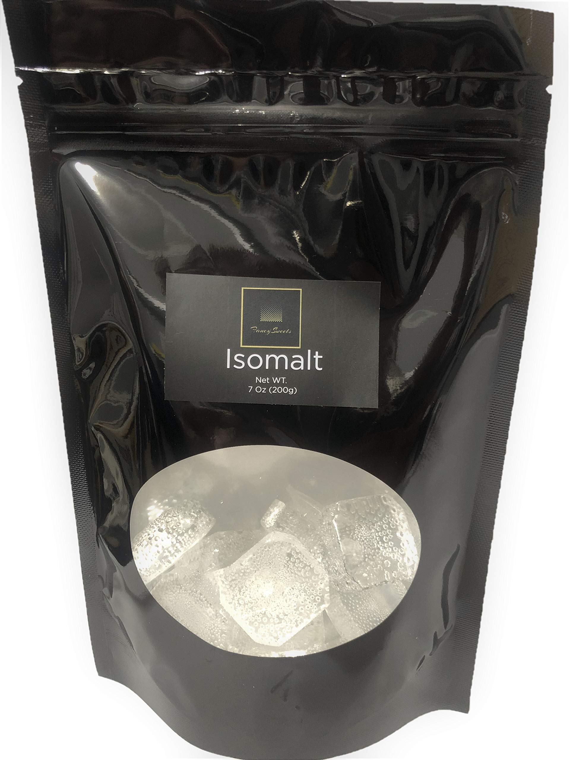Fancy Sweets front packaging showing clear isomalt cubes and net weight benefit
