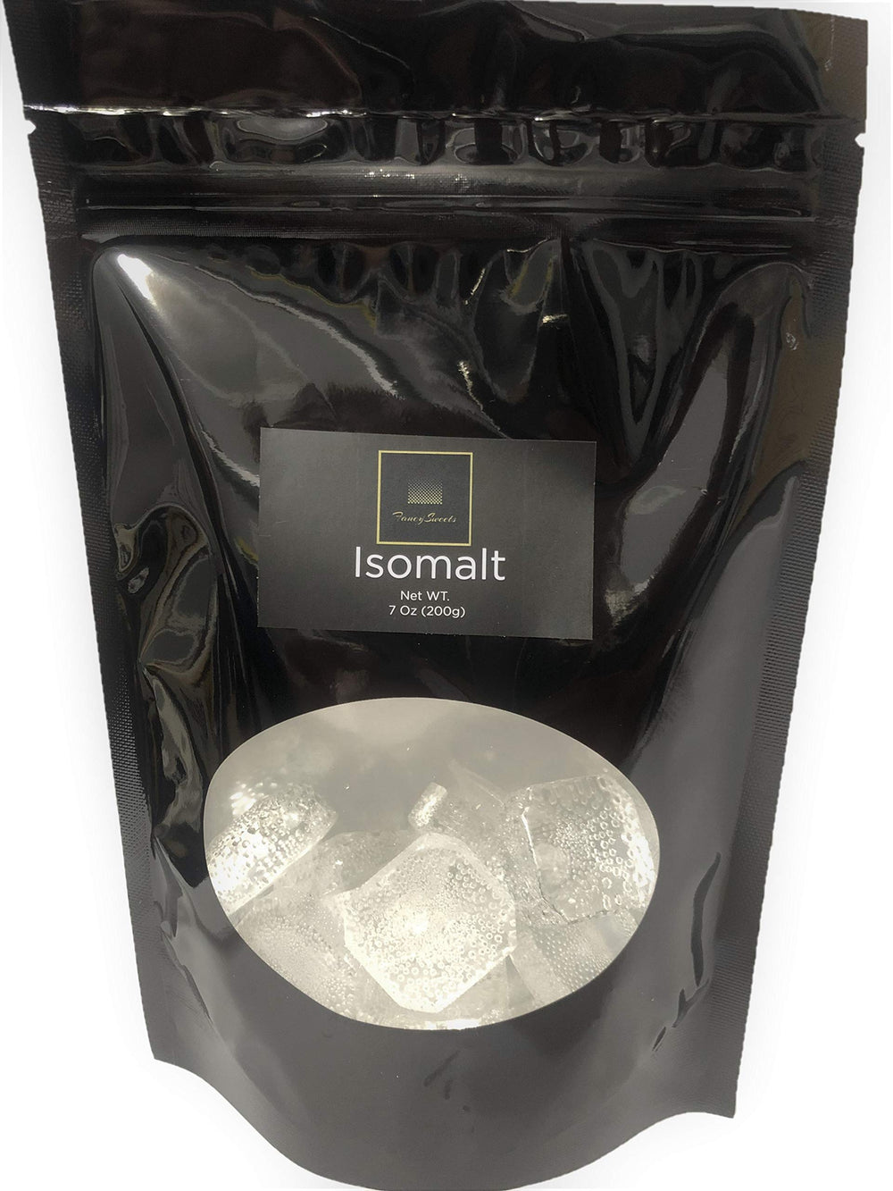 Fancy Sweets front packaging showing clear isomalt cubes and net weight benefit