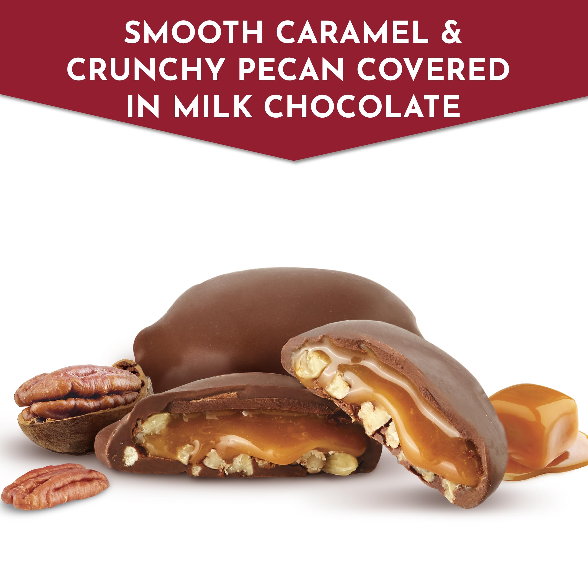 Fannie May close-up of pecan and caramel texture highlighting crunch