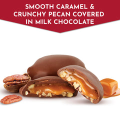 Fannie May close-up of pecan and caramel texture highlighting crunch