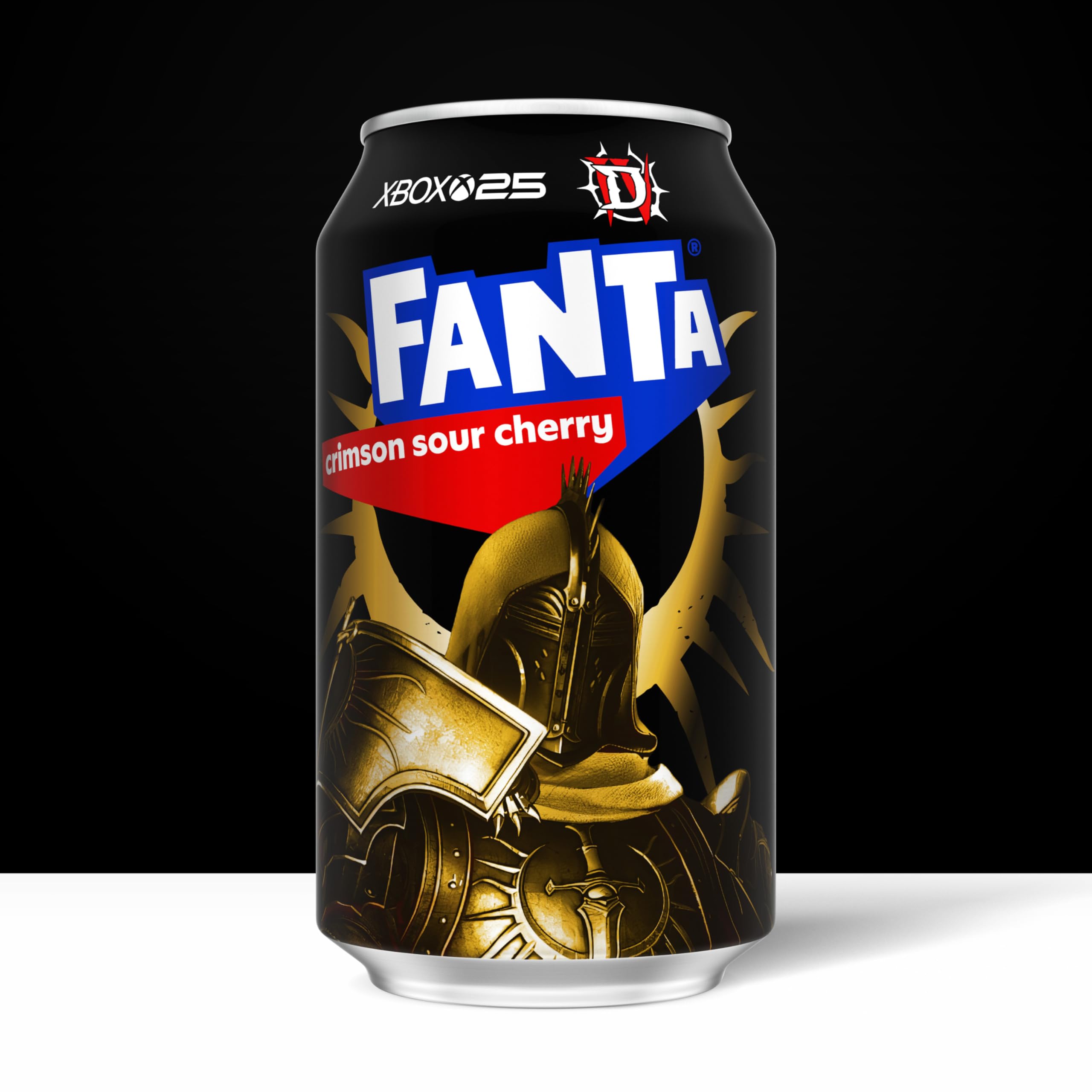 Fanta Crimson Sour Cherry condensation and bubbles on can surface emphasizing cold fizzy refreshment benefit: thirst-quenching look