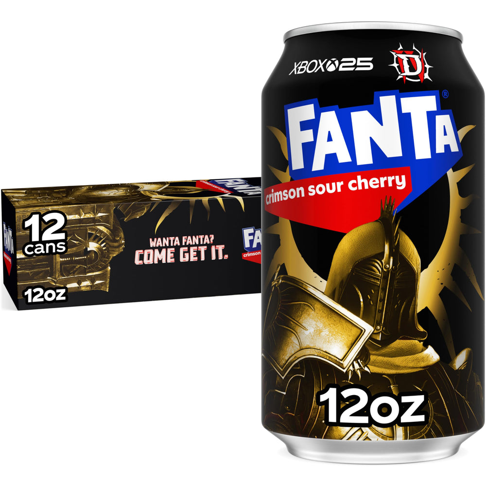 Fanta Crimson Sour Cherry front pack showcasing 12 cans and vibrant branding benefit: collectible display