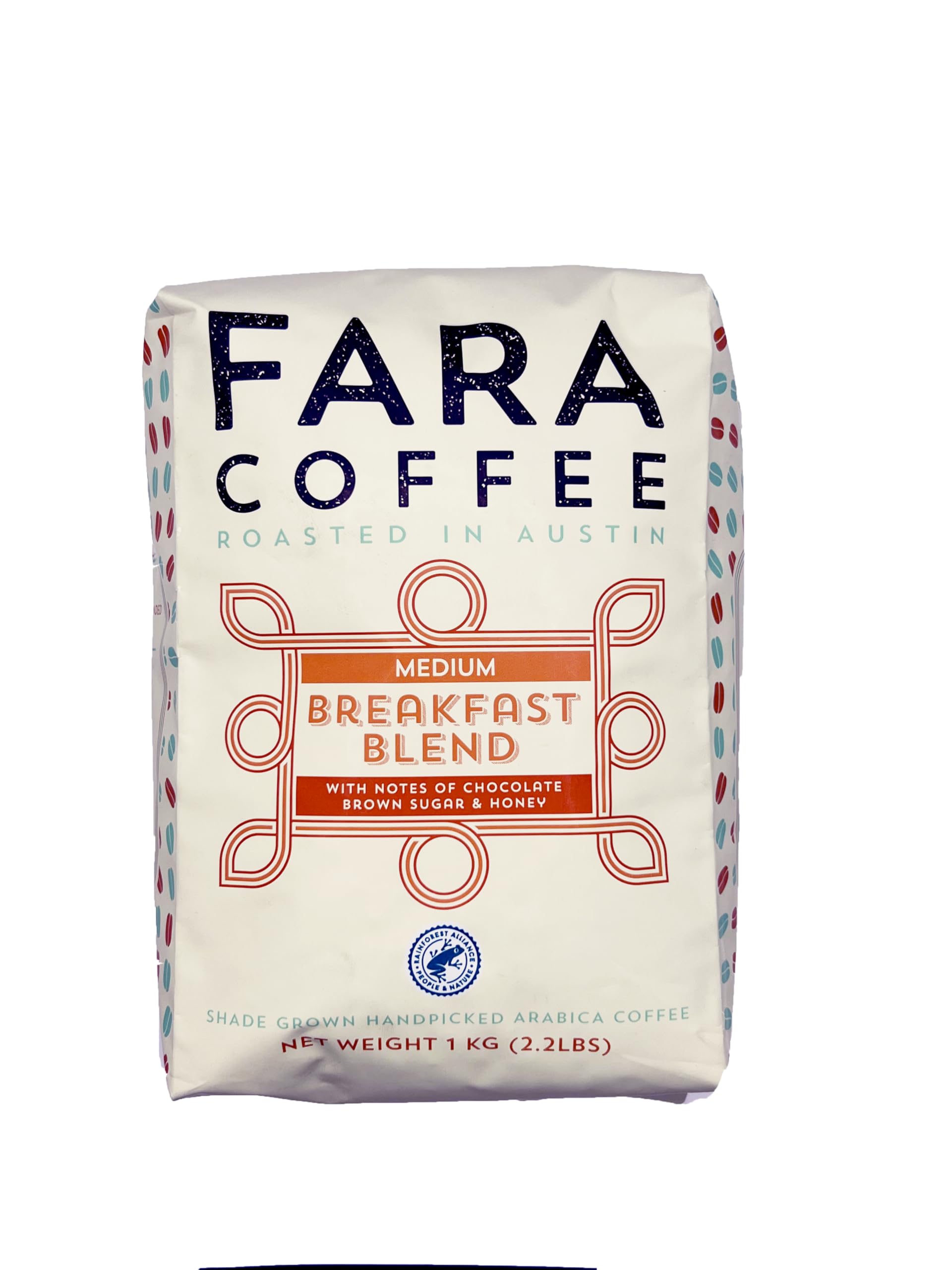 Fara Coffee front packaging showing brand and 2.2 lb medium roast benefit freshness