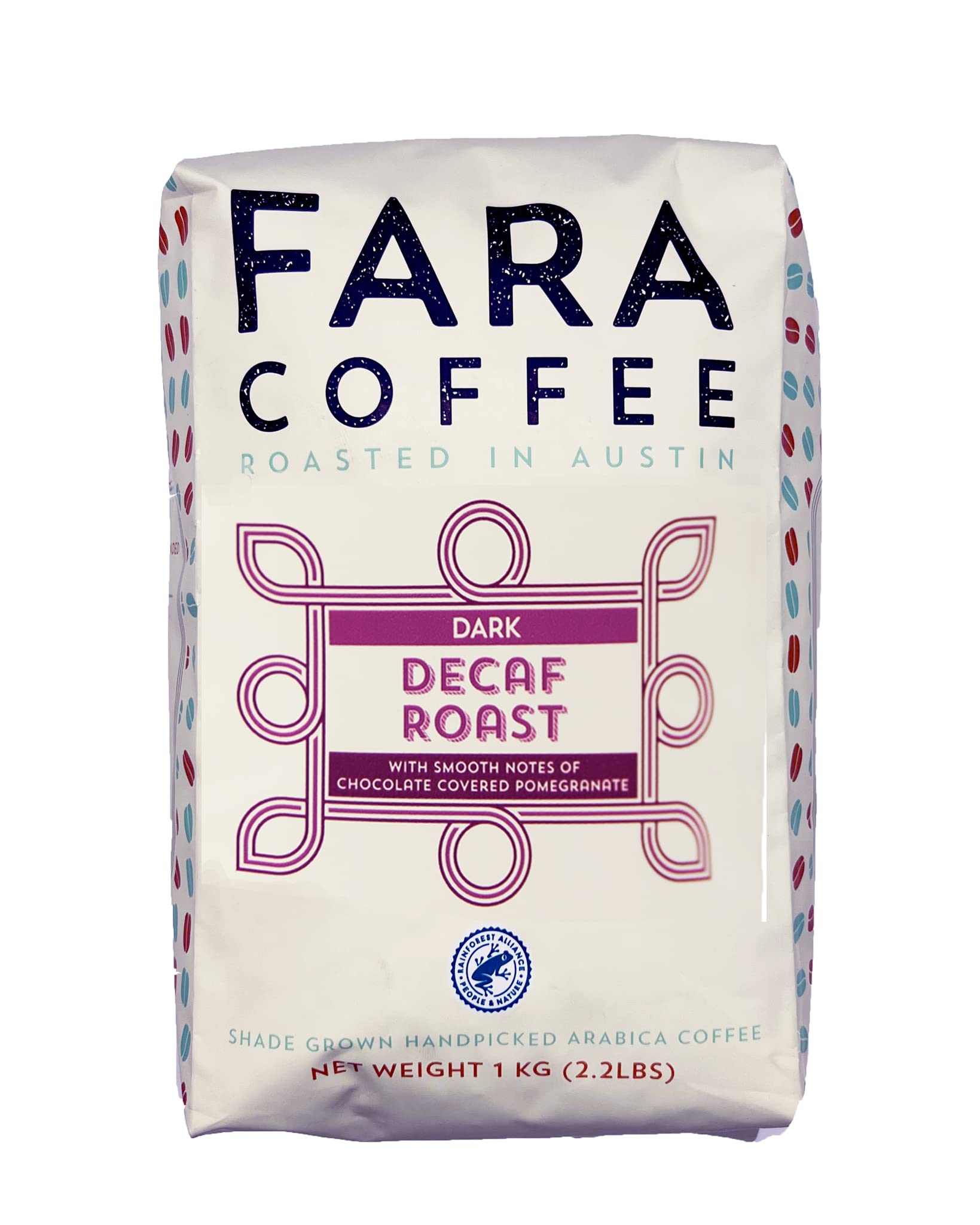 Fara Coffee front packaging showing 2.2 lb bag and decaf label benefits