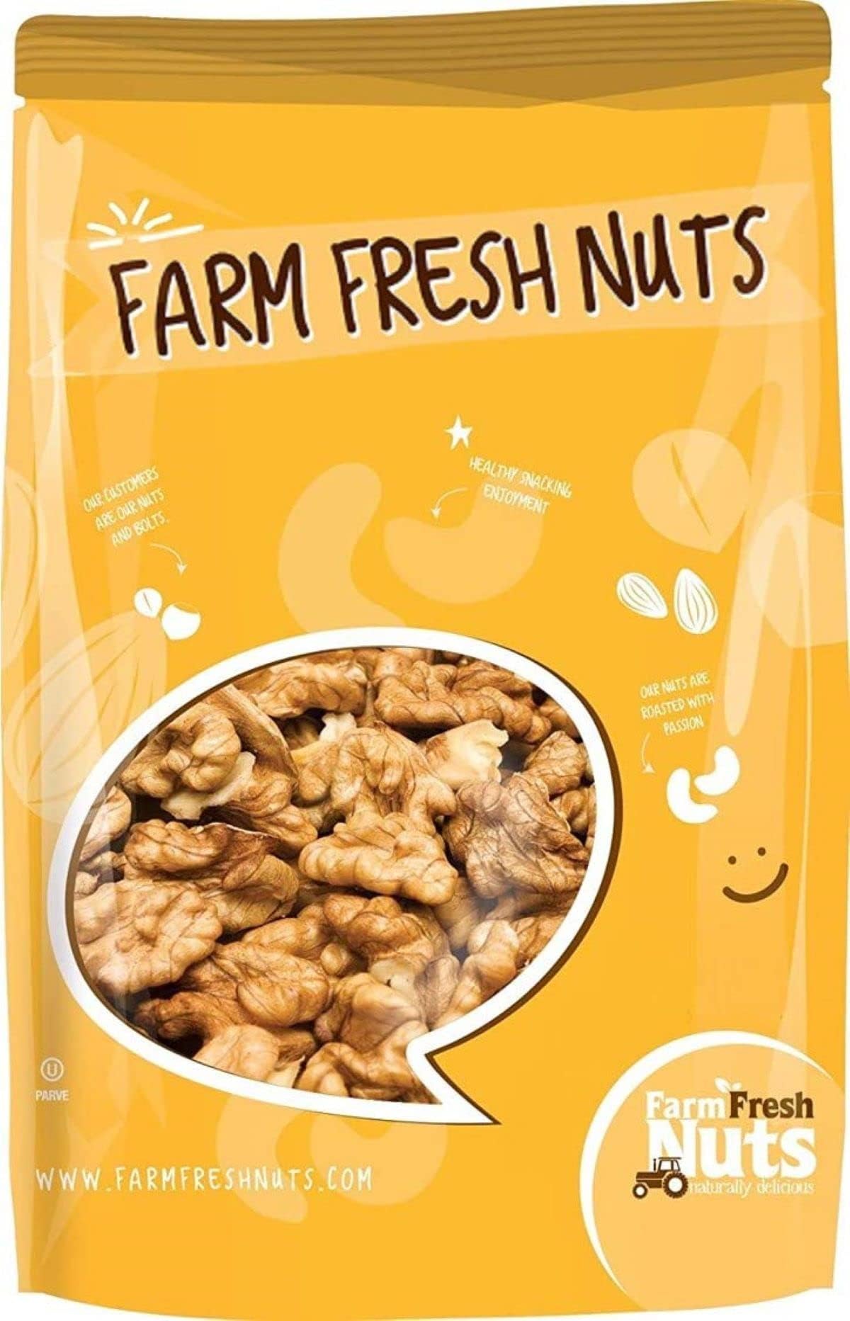 Farm Fresh Nuts front packaging showing 1 lb resealable bag and branding benefit freshness