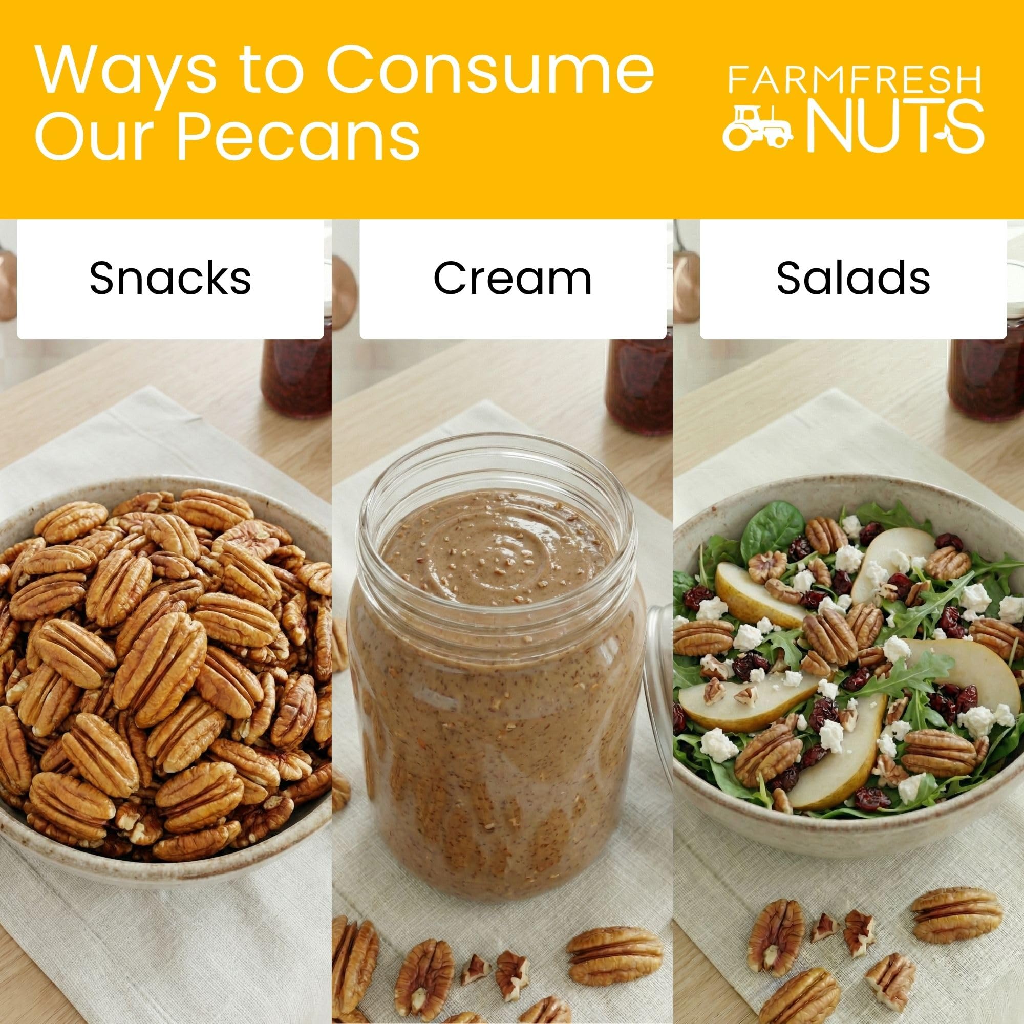 Farm Fresh Nuts pecans on spoon for size comparison, portion control benefit