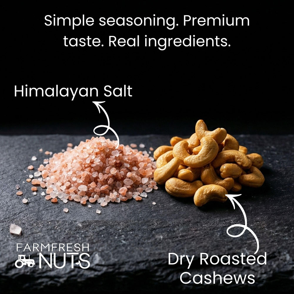 Farm Fresh Nuts Himalayan salt crystals on cashews showing seasoning detail