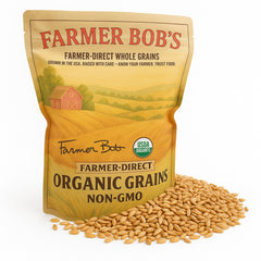 Farmer Bob's front packaging showing 5 lb bag and organic label, clear pantry benefit