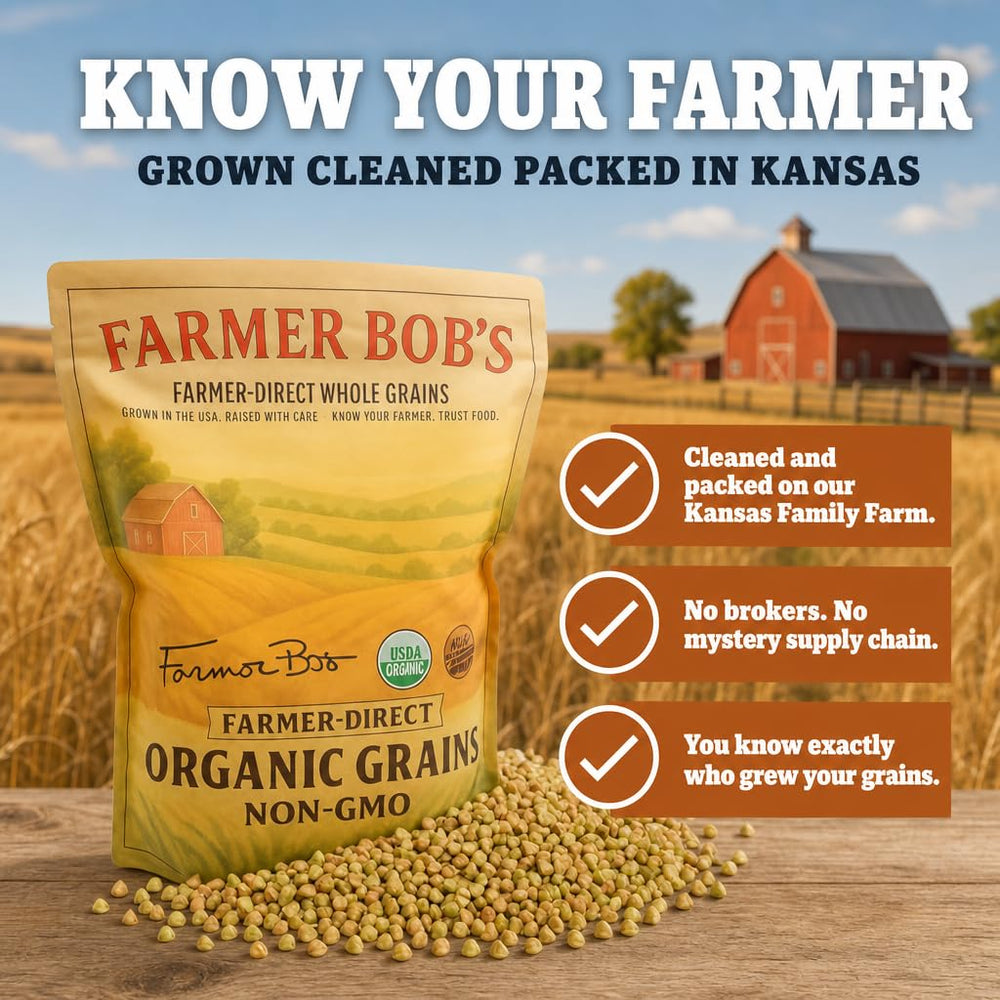 Farmer Bob's buckwheat groats close-up texture revealing whole-kernel quality and nuttiness