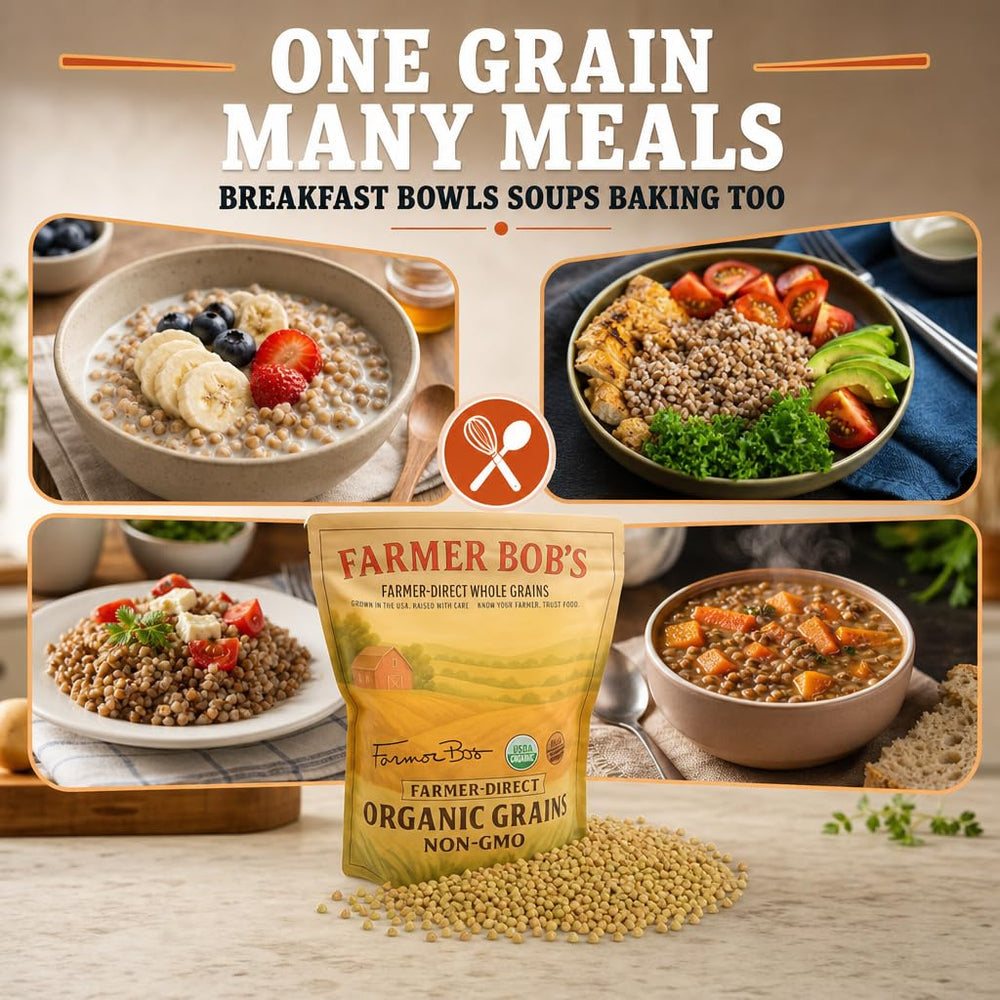 Farmer Bob's ground buckwheat flour mound demonstrating gluten-free baking versatility