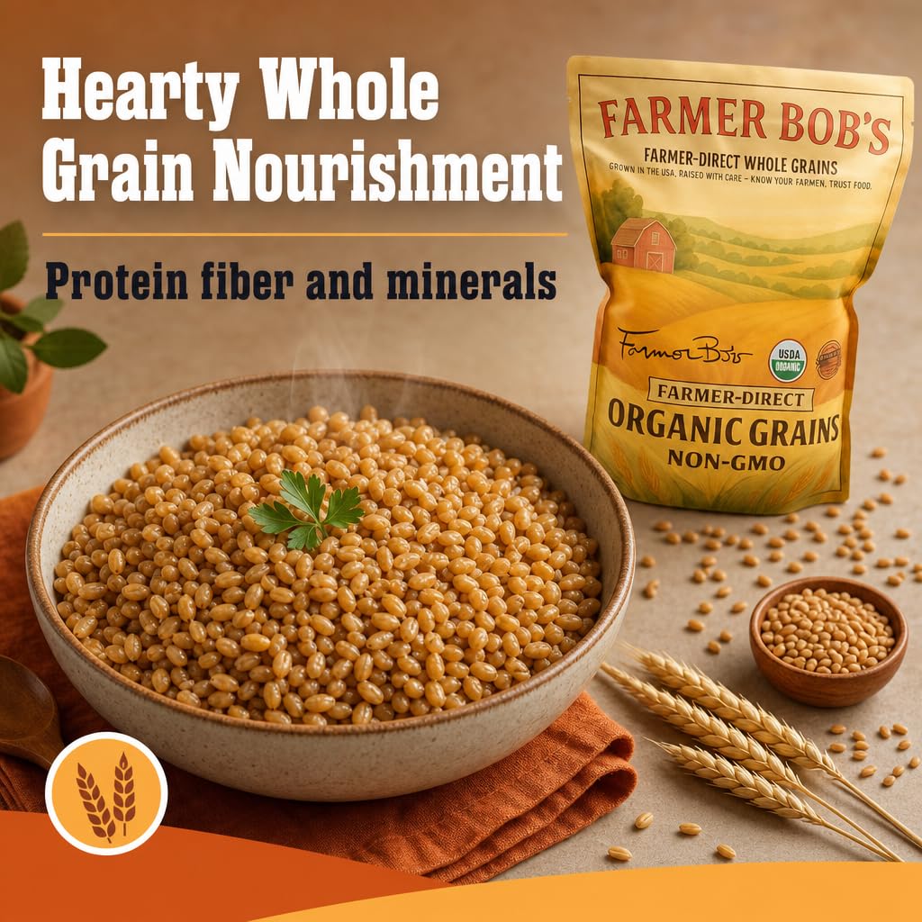 Close-up of KAMUT wheat berry texture by Farmer Bob's, shows firm chewy grain benefit