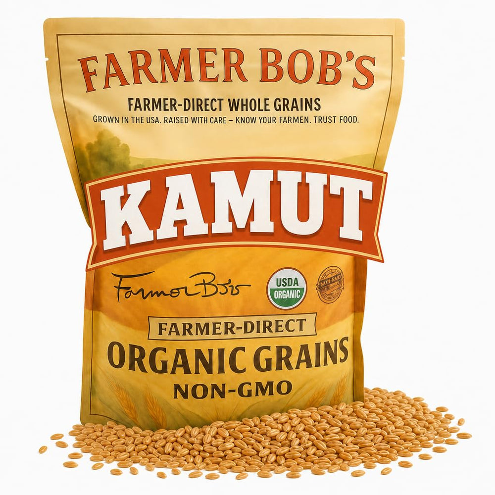 Farmer Bob's front packaging showing non-GMO organic 5 lb bag, pantry-ready benefit