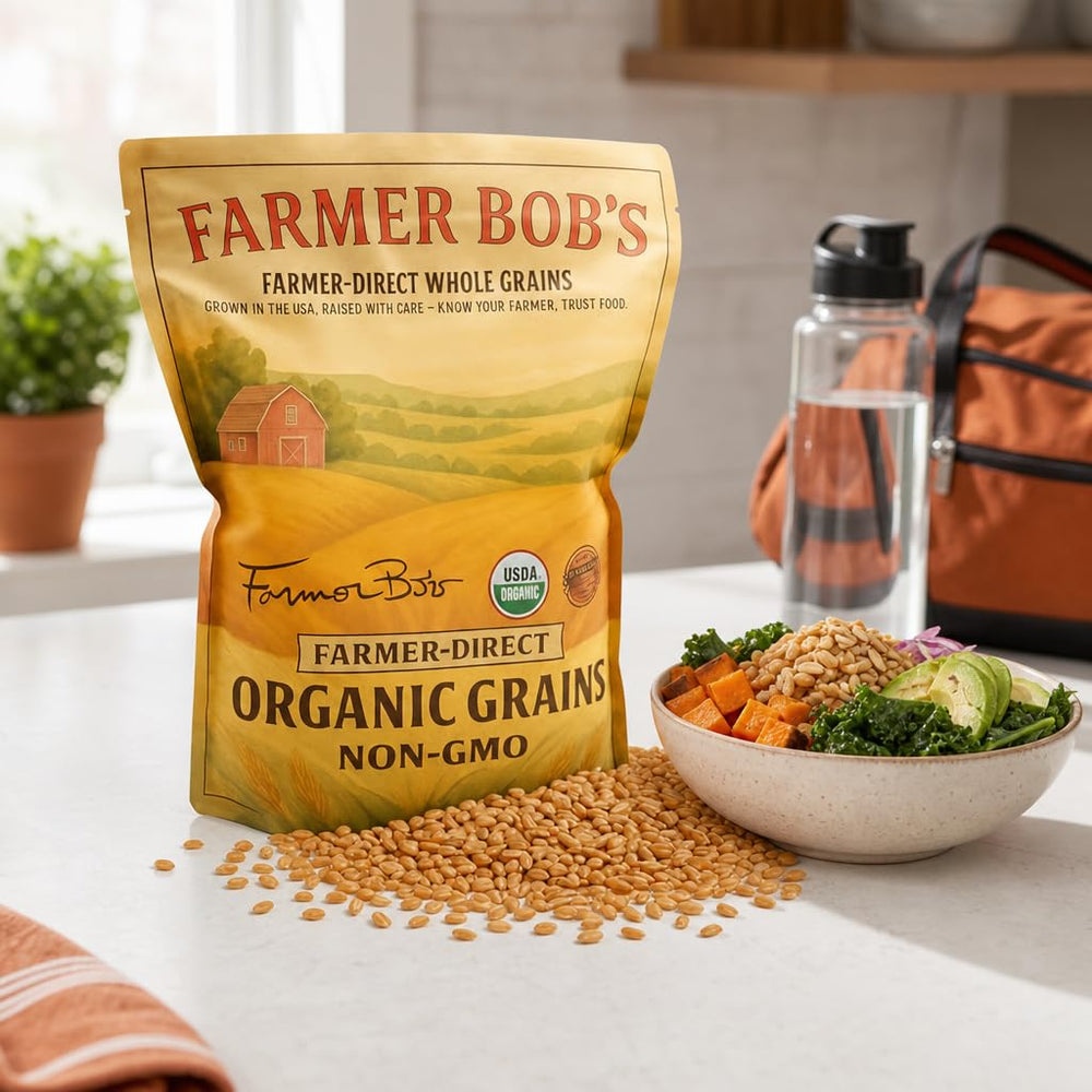 Kitchen scene with Farmer Bob's KAMUT used in meal prep, versatile cooking inspiration benefit