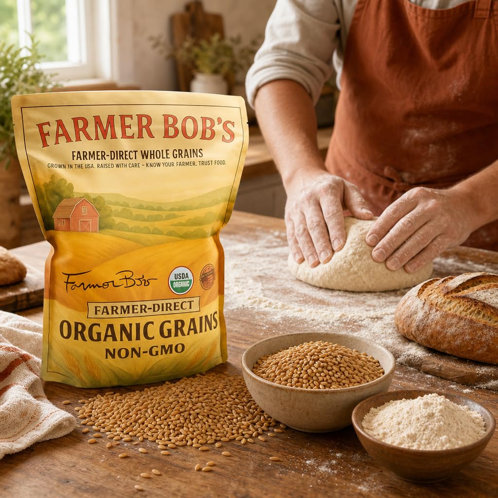 Label close-up on Farmer Bob's bag showing USDA Organic and non-GMO certifications, trust benefit