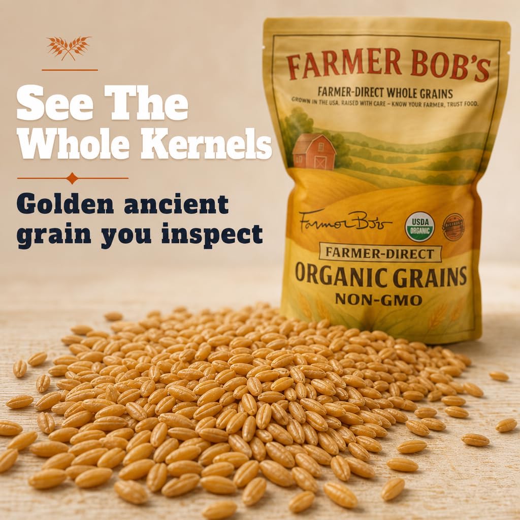 Farmer Bob's open bag with visible KAMUT wheat berries, easy-to-use whole grain benefit