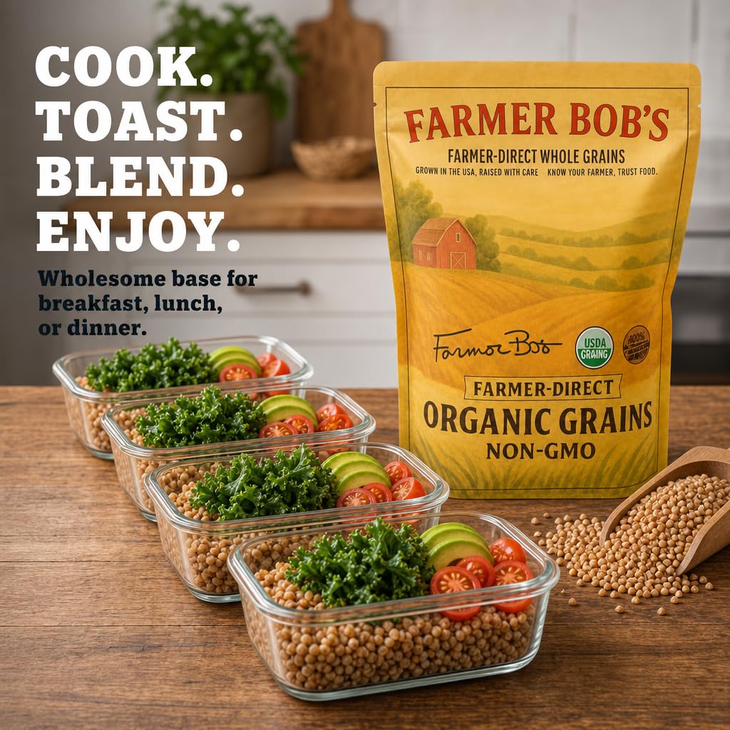 Farmer Bob's grain bowl in kitchen lifestyle image showing real-meal inspiration and nutrition