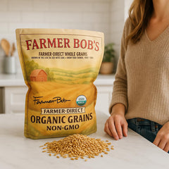 Farmer Bob's close-up of whole oat groats kernels showing texture and freshness benefit