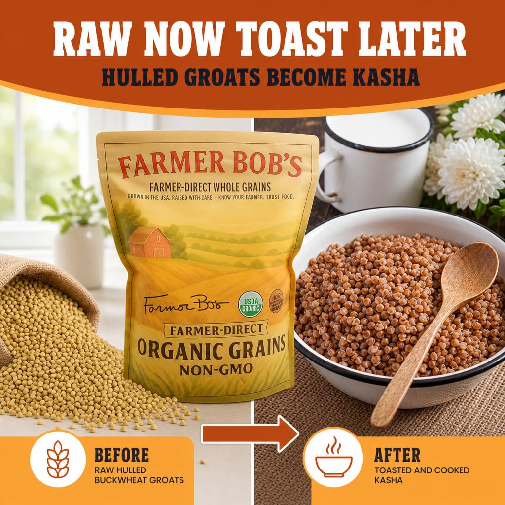 Farmer Bob's pouring groats from bag into measuring cup for easy portioning benefit