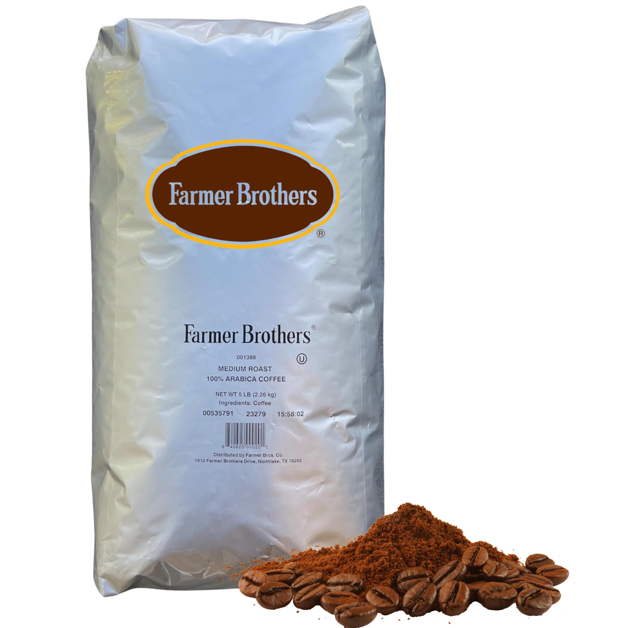 DIRECT COFFEE TEA EST 2019 Farmer Bros front of bag showing brand and 5 lb benefit