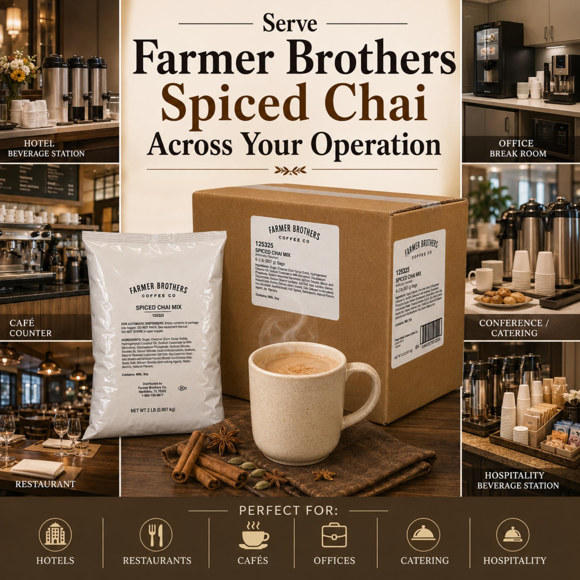 Farmer Brothers six 2 lb bags stacked, bulk supply reduces restocking benefit