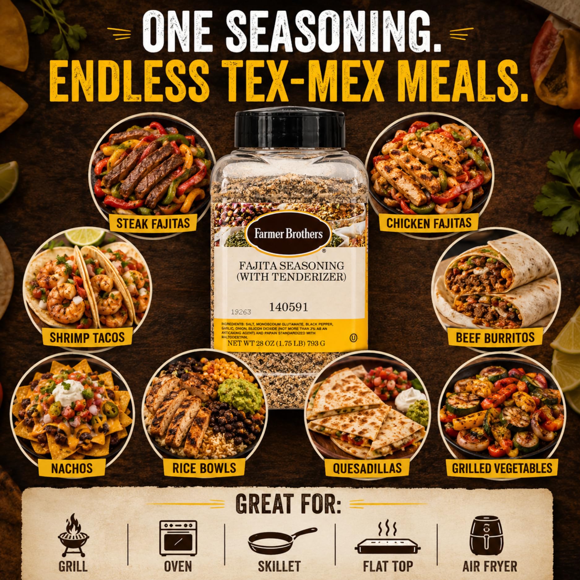 Farmer Brothers seasoning being added to a hot skillet for fast professional cooking