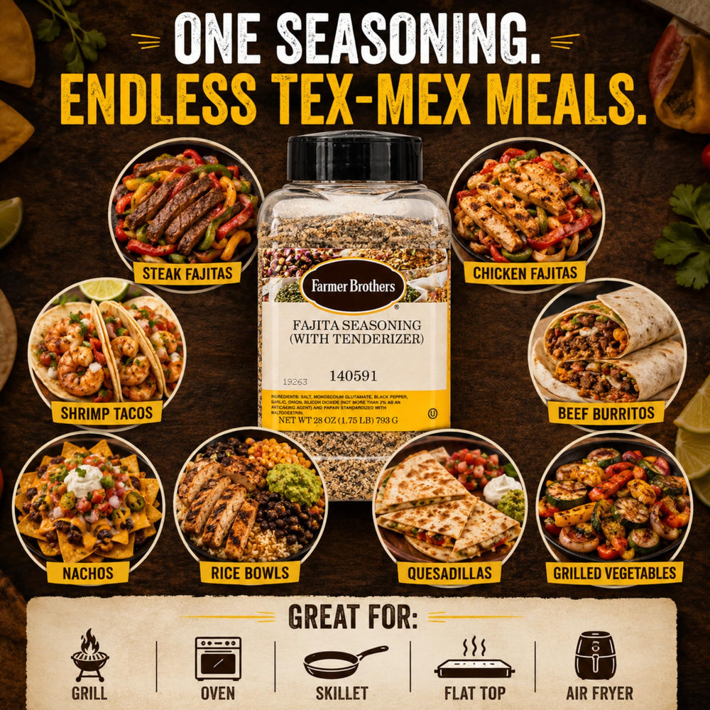 Farmer Brothers seasoning being added to a hot skillet for fast professional cooking