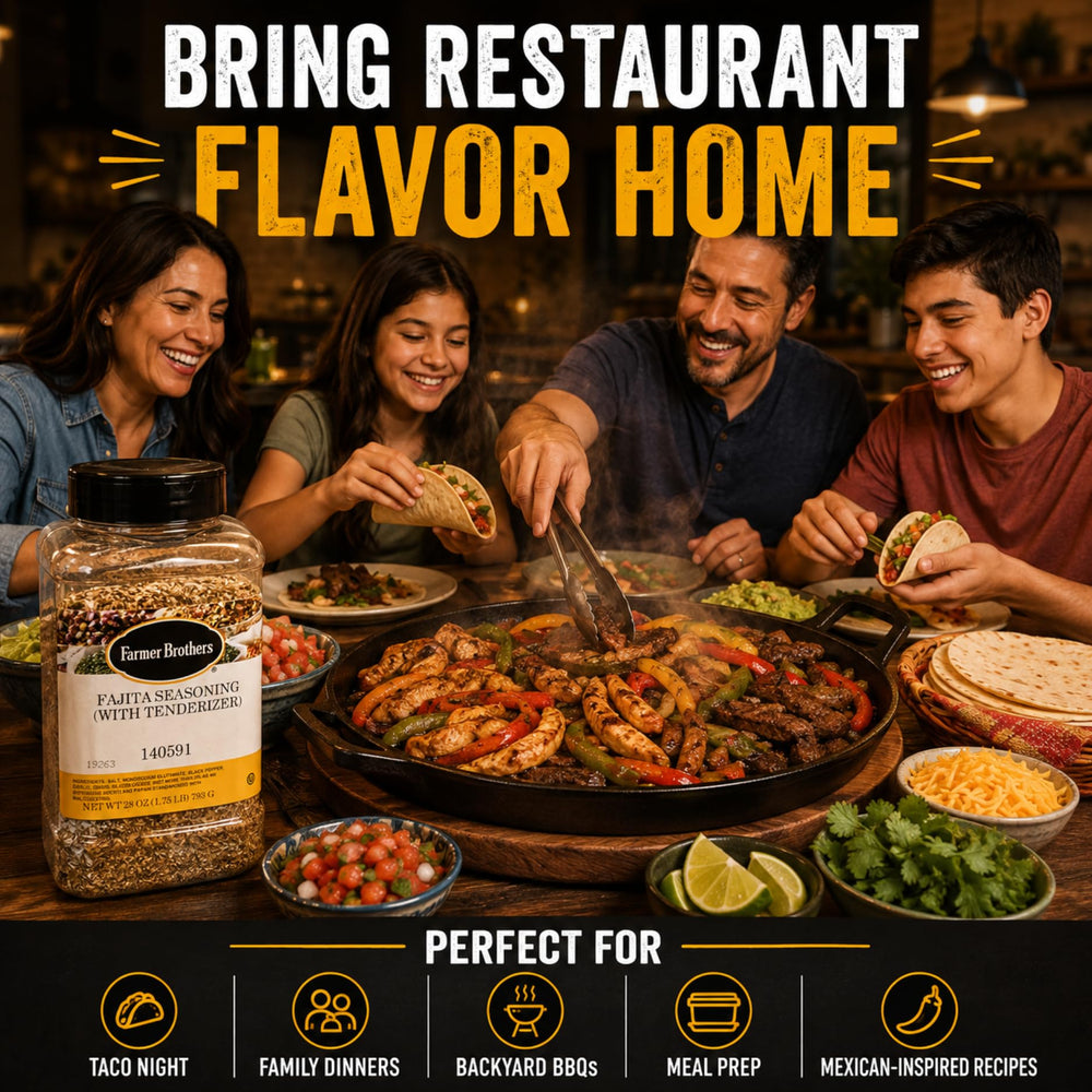 Plated sizzling fajitas seasoned with Farmer Brothers in a restaurant kitchen setting