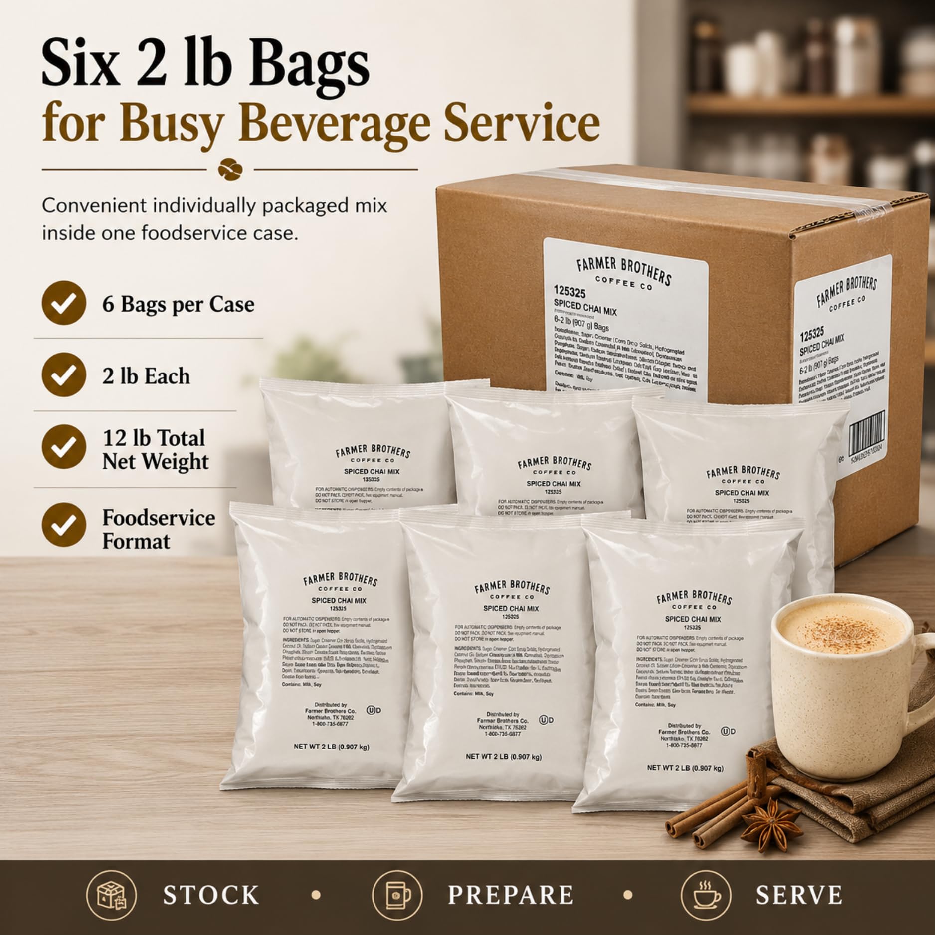 Farmer Brothers powder scooped in measuring cup, accurate portioning benefit