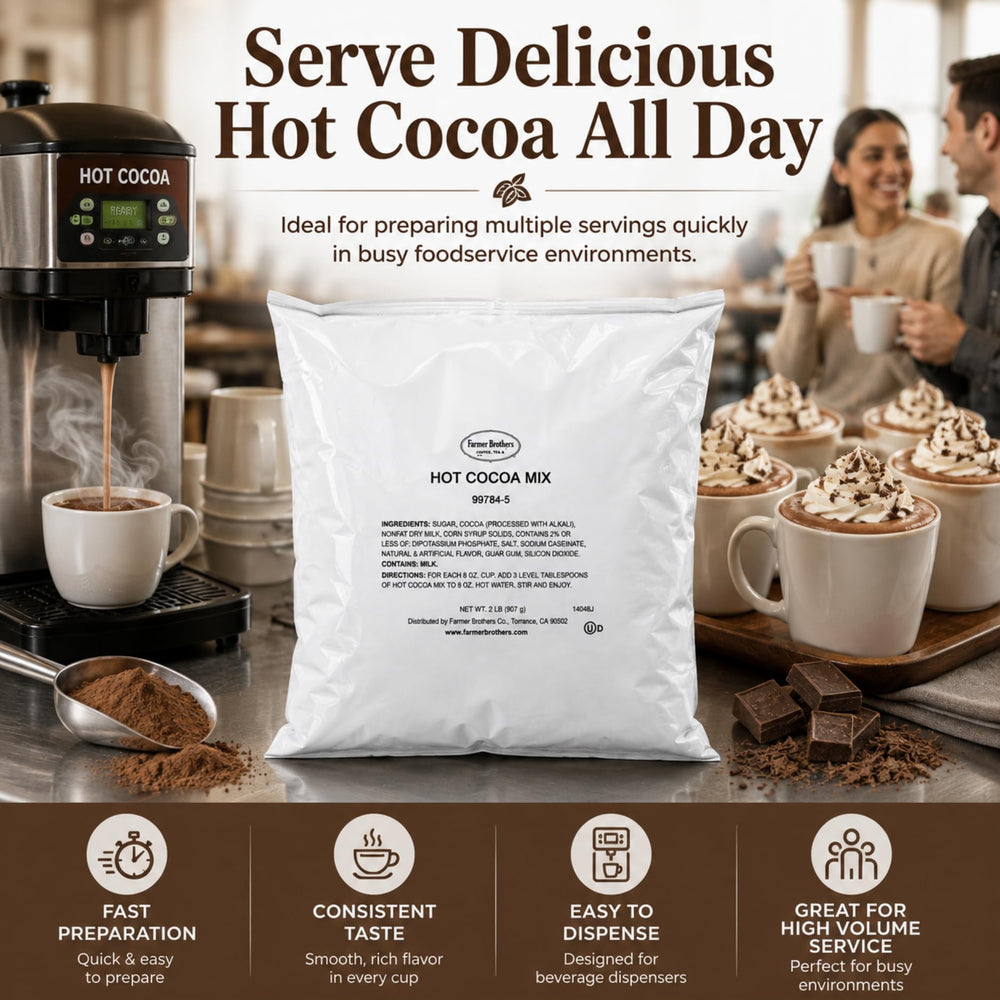 Steaming cup of hot cocoa made with Farmer Brothers mix, ready to serve