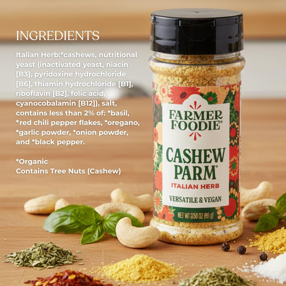 Farmer Foodie close-up of fine cashew-parm texture highlighting creamy umami