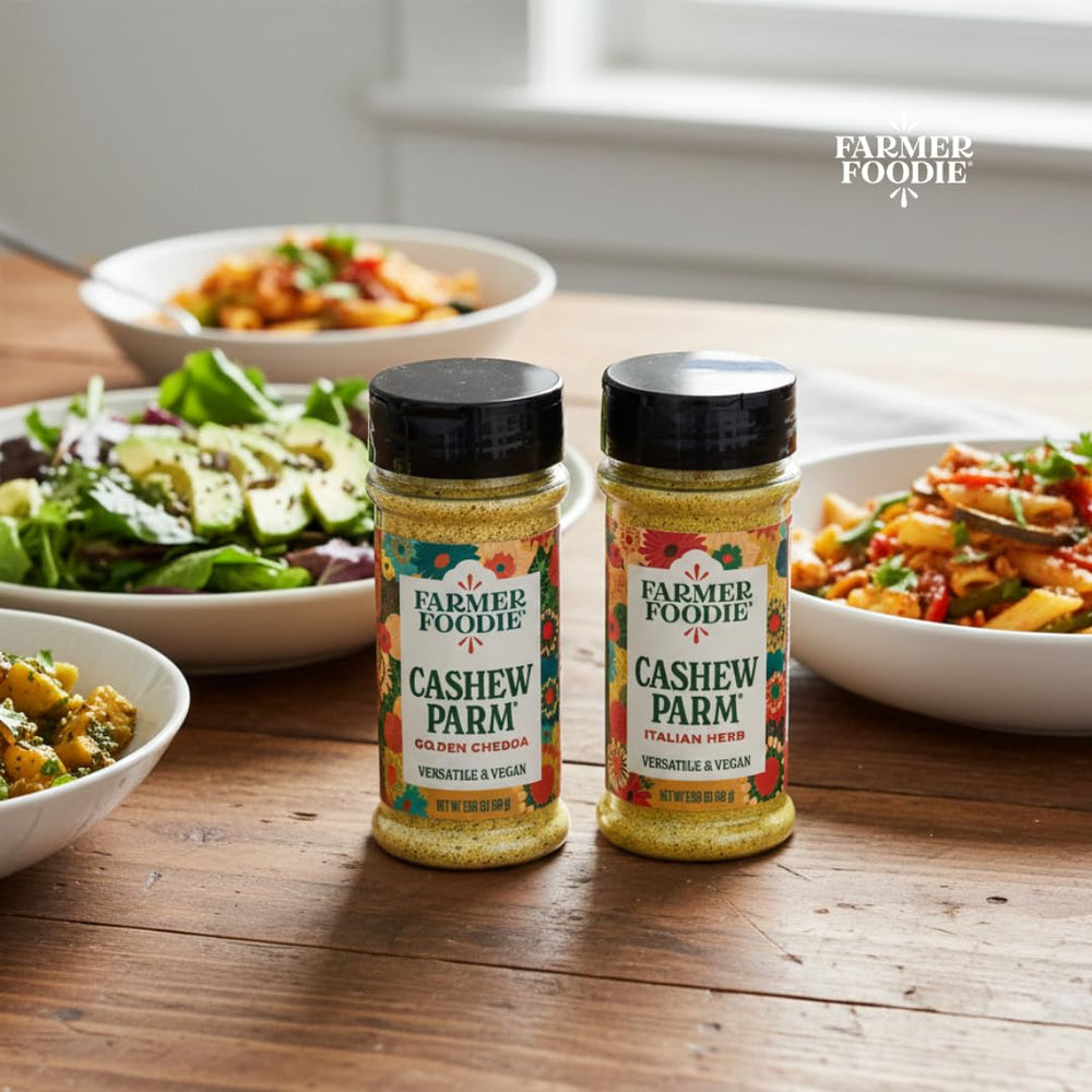 Farmer Foodie being sprinkled on pasta adding bold cheddar-style flavor