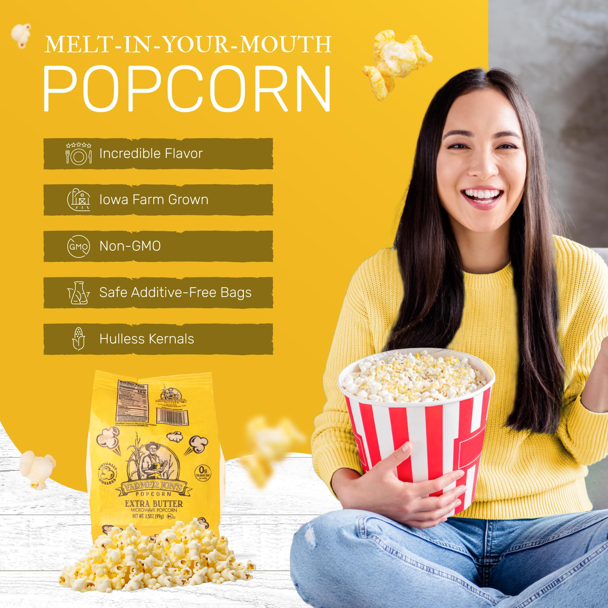 Farmer Jon's open bag revealing fluffy popped popcorn and buttery appeal