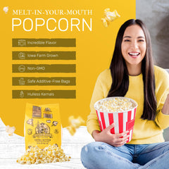 Farmer Jon's open bag revealing fluffy popped popcorn and buttery appeal