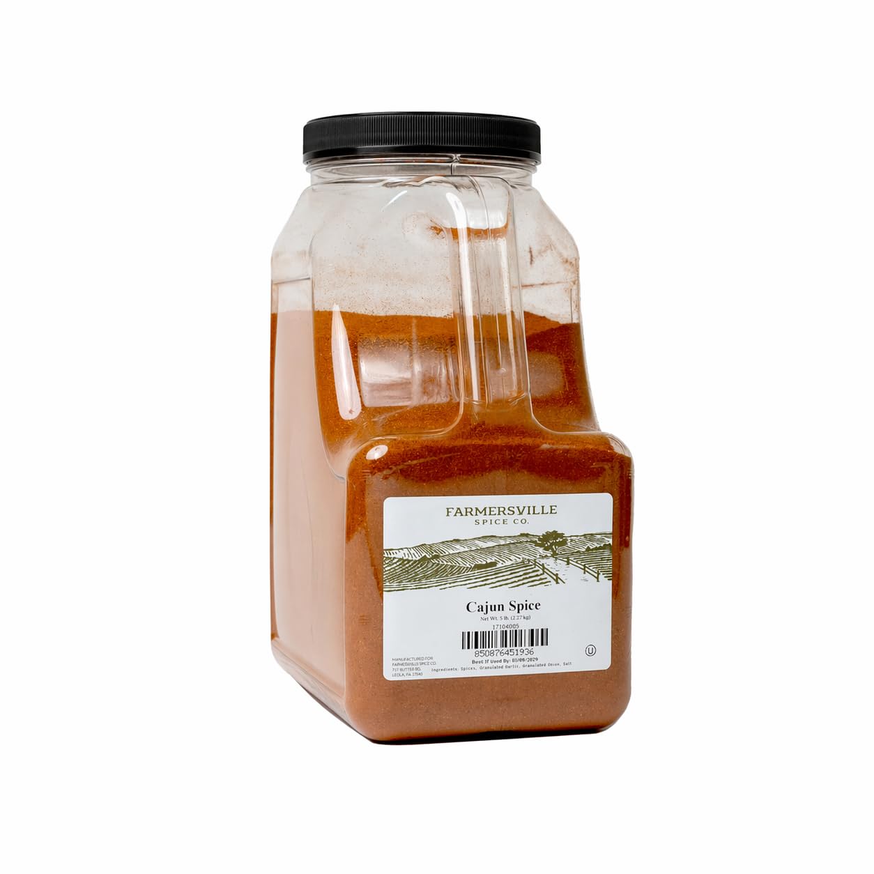 Farmersville Spice Co jug front view showing product and easy-handling benefits