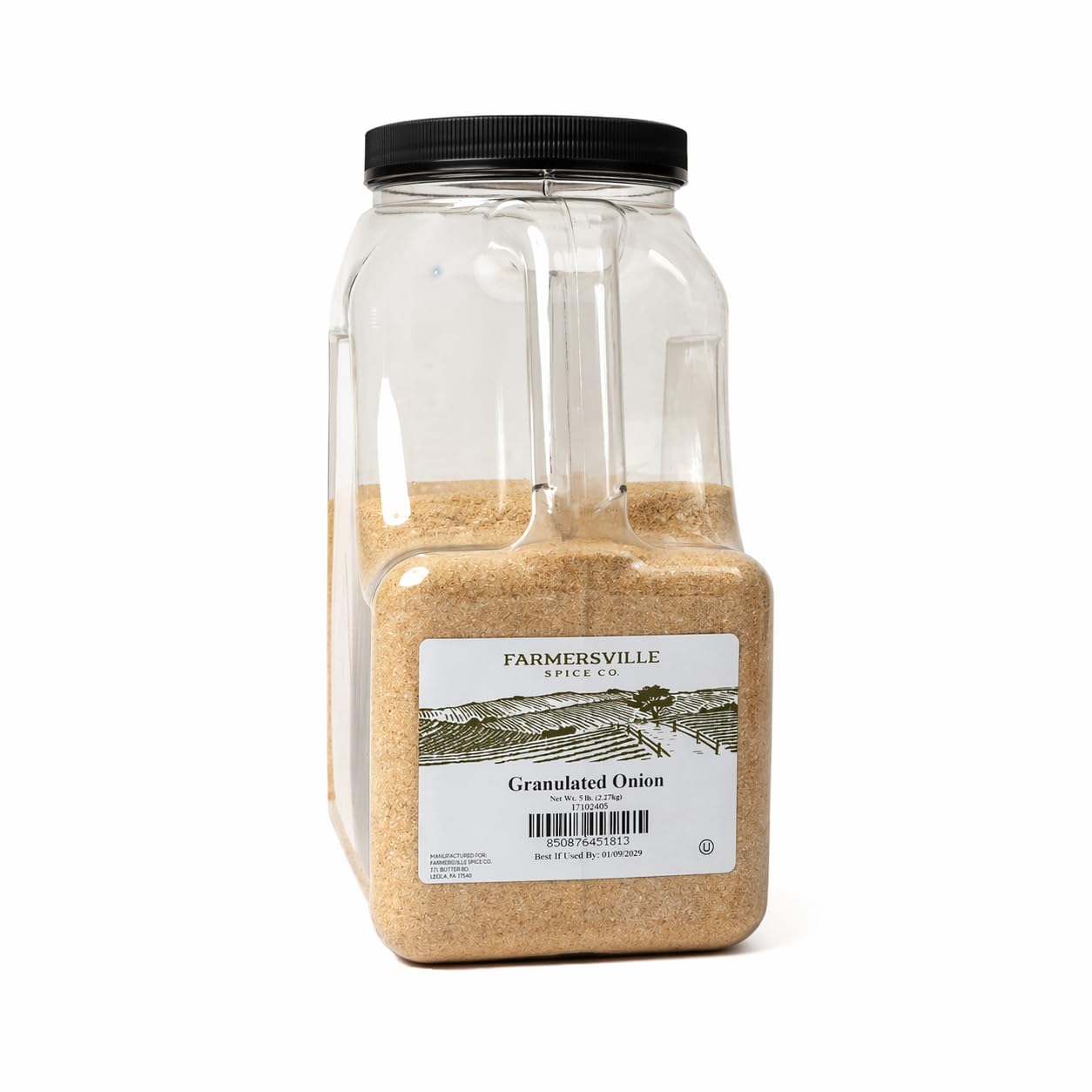 Farmersville Spice Co granulated onion front packaging shows product and bulk benefit