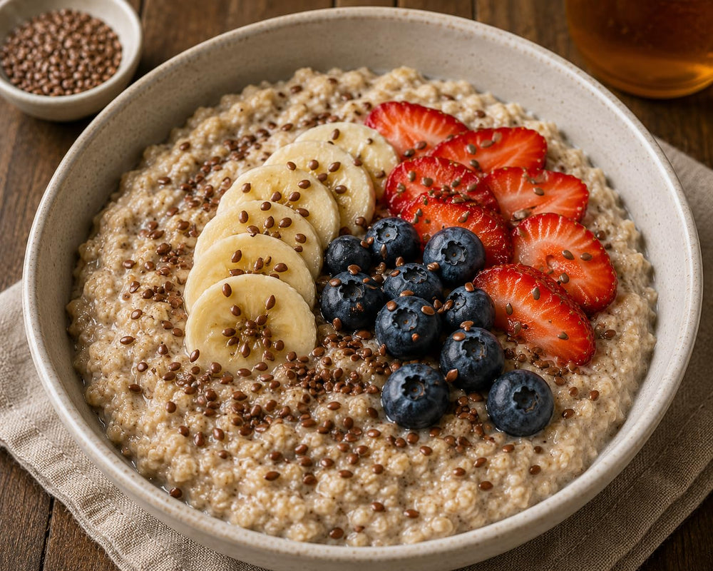 Chef sprinkling Farmersville Spice Co flax seeds over grain bowl for consistent finish
